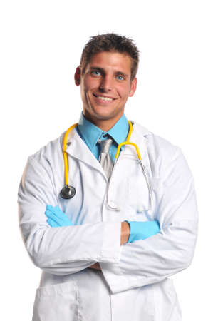 Young doctor with stethoscope and crossed arms smilingの写真素材