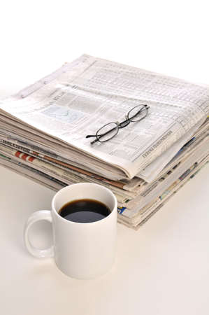 Cup of coffee and paper isolated on a white backgroundの写真素材