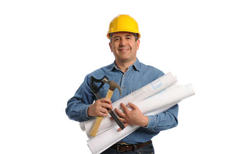 Man holding plans and tools isolated on a white background