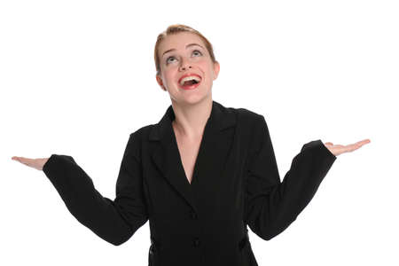 Young Businesswoman looking up and smiling isolted on a white backgroundの写真素材