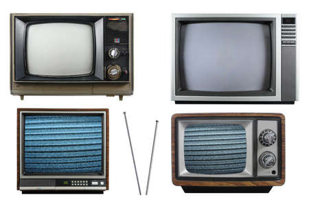 Old vintage televisions with antenna isolated on a white backgroundの写真素材