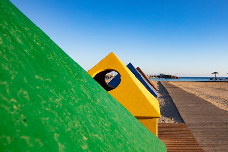Playground on the beach of Playa de las Conchas, Cadiz, Andalusia, Spainの写真素材