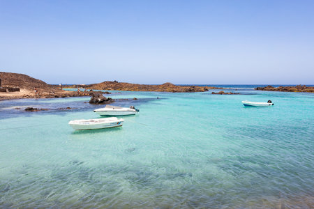 Fuerteventura, Canary Islands, Spain. Beautiful beach with boats