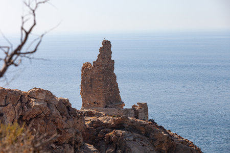 Ruins of a castle on the coast of the island of Rhodesの写真素材