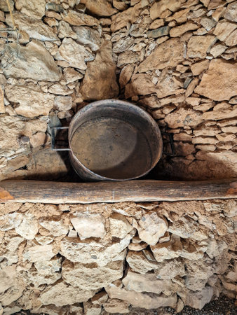 Old iron pan on a rustic stone wall. Vintage style.の写真素材