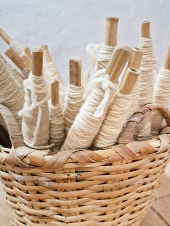 Silk threads in a wicker basket on a white background.
