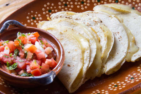 Traditional mexican food: quesadillas and salsaの写真素材