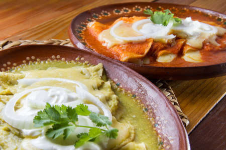 Traditional mexican red and green enchiladasの写真素材