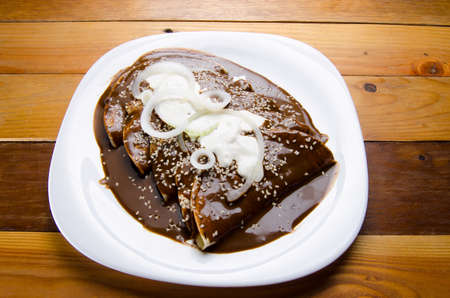 Authentic mexican enchiladas with mole salsaの写真素材