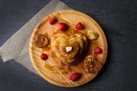 Valentine's day heart hot pancake with strawberryの写真素材