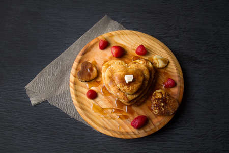 Valentine's day heart hot pancake with strawberryの写真素材