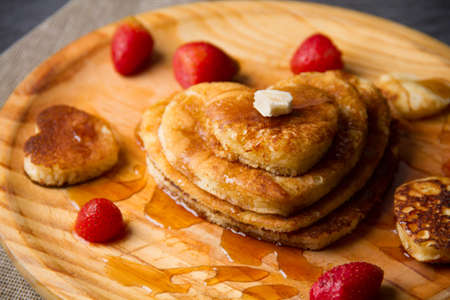 Valentine's day heart hot pancake with strawberryの写真素材
