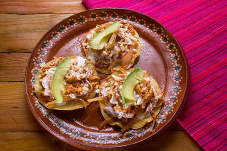 Traditional mexican chicken tinga tostadasの写真素材
