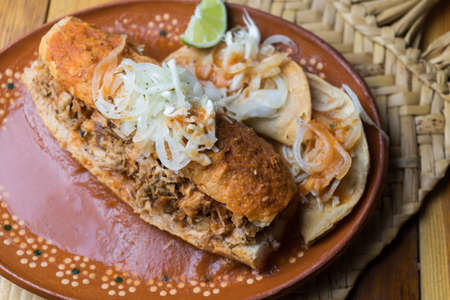 Traditional mexican food: "torta ahogada"の写真素材