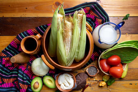 Table with traditional mexican ingredientsの写真素材