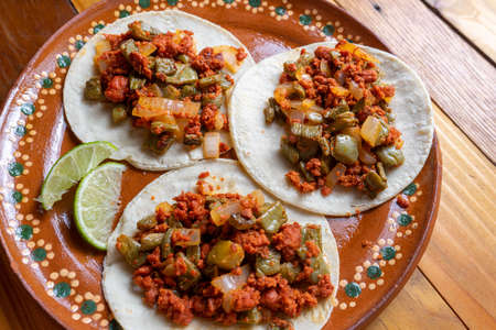 Mexican chorizo with nopales tacosの写真素材