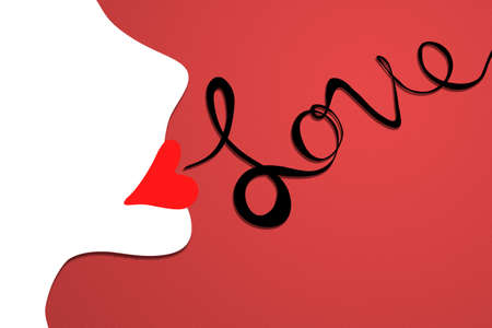 Romantic illustration with silhouette of girl kissing and the word loveの写真素材