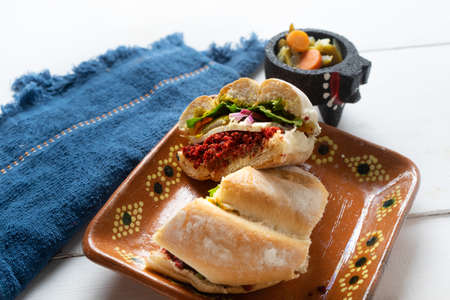 Traditional mexican food. Chorizo sandwich "cake"の写真素材