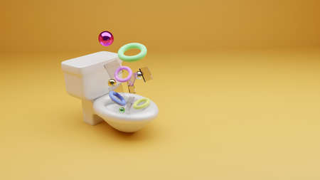 white toilet bowl with geometrical shapes concept on yellow background. 3D illustration renderの写真素材