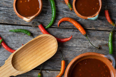 Traditional mexican sauce and chili peppersの写真素材