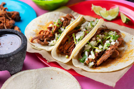 Traditional mexican beef barbecue tacos on colorful background