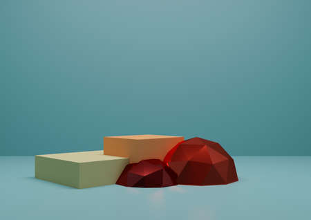 Podium or showcase with geometric shapes. 3D illustration render