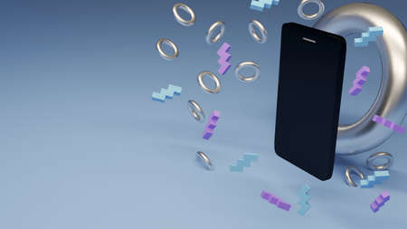 Black cellphone on blue background and geometric shapes. 3D illustration render