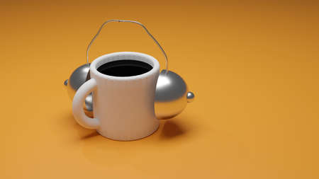 Concept of cup of coffee and alarm clock or coffee time at work. 3d illustration renderの写真素材