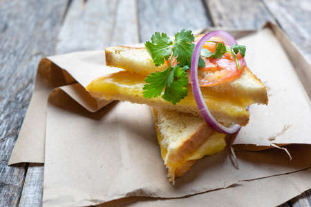 Tasty grilled cheese sandwich with tomato and onion
