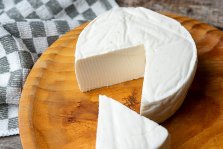 Fresh and tasty mexican panela cheese board on wood background