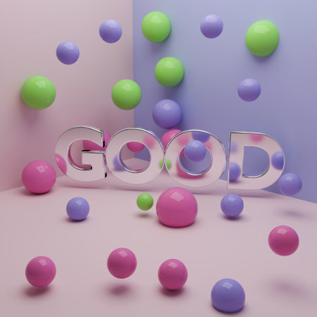 Word good with metallic texture and spheres. 3d illustration renderの写真素材