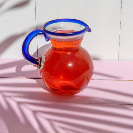 Cold hibiscus water in glass jar on colorful backgroundの写真素材