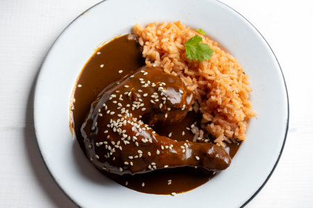 Traditional mexican chicken with mole sauce and red riceの写真素材