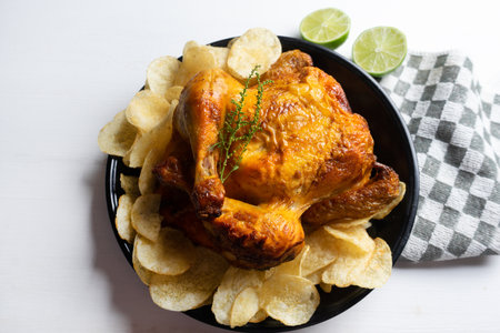 Tasty roasted chicken with potato chips on white background
