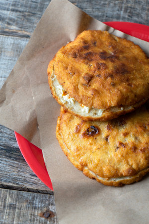 Traditional mexican fried "gorditas" with "chicharron"の写真素材