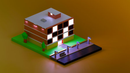 Isometric view of generic building in low poly style. 3d illustration render