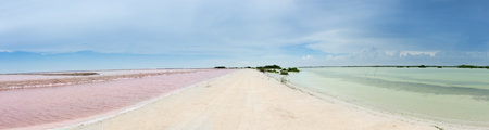 Panorama of Pink lake in Yucatan called las coloradas