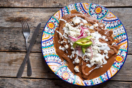 Traditional mexican tacos with beans sauce and fresh cheese also called "Enfrijoladas"の写真素材