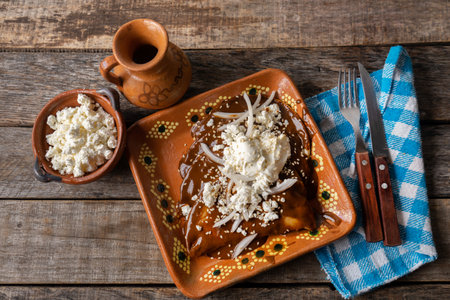 Traditional Mexican mole sauce enchiladas with cheese and sesame seedsの写真素材
