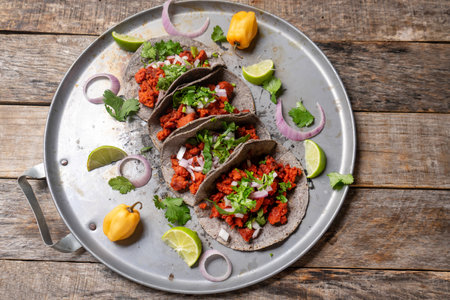 Traditional mexican chorizo tacos with blue corn tortillas on rustic backgroundの写真素材