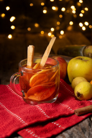 Traditional mexican hot christmas punch also called "ponche" with fruitsの写真素材
