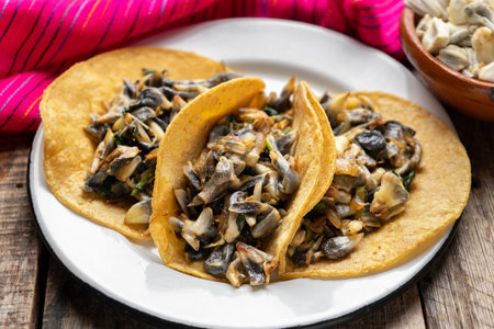 Traditional mexican corn smut taco called "huitlacoche" on wooden backgroundの写真素材