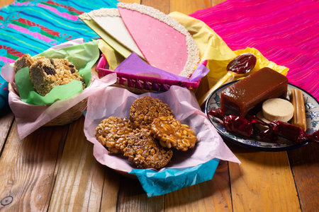 Group of traditional mexican candies on wooden backgroundの写真素材