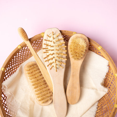 Set of personal hygiene tools made from natural woodの写真素材