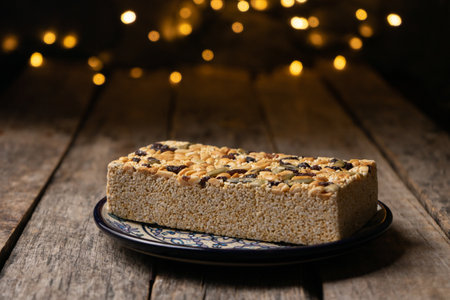 Traditional mexican amaranth candy also called Alegria on wooden background