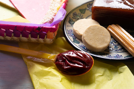 Group of traditional mexican candies on wooden backgroundの写真素材
