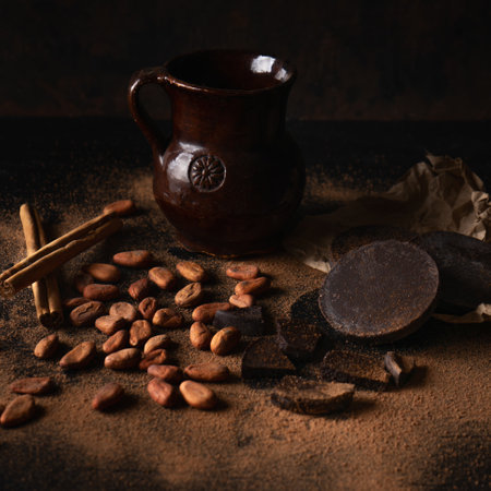 Traditional cacao beans and chocolate on dark backgroundの写真素材