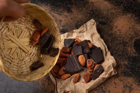 Traditional cacao beans and chocolate on dark background
