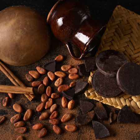 Traditional cacao beans and chocolate on dark background