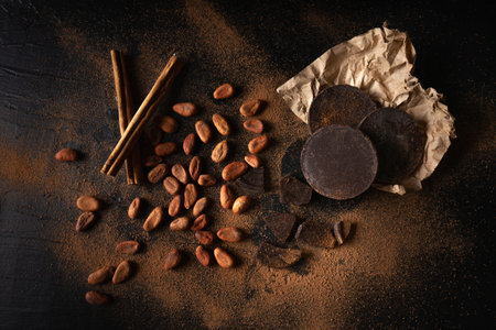 Traditional cacao beans and chocolate on dark backgroundの写真素材